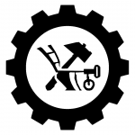 Logo Fronta.org: plug in kladivo v zobniku.